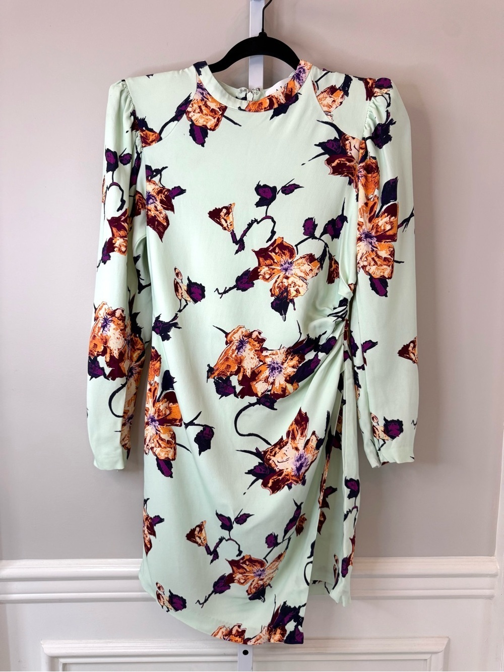 A.L.C. Jane Floral Mini Dress Mint Long Sleeve Ruched Designer Size 4 - Picture 2 of 16